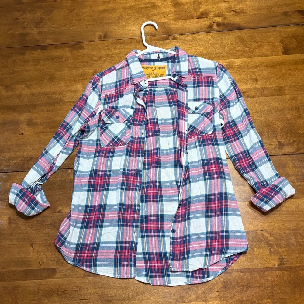 Women's Plaid Button Down Shirt - Pink and Blue